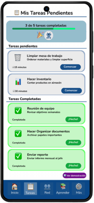 Vista de gestión de tareas diarias para el usuario.